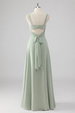 Sage Green Chiffon V Neck A Line Long Bridesmaid Dress with Slit