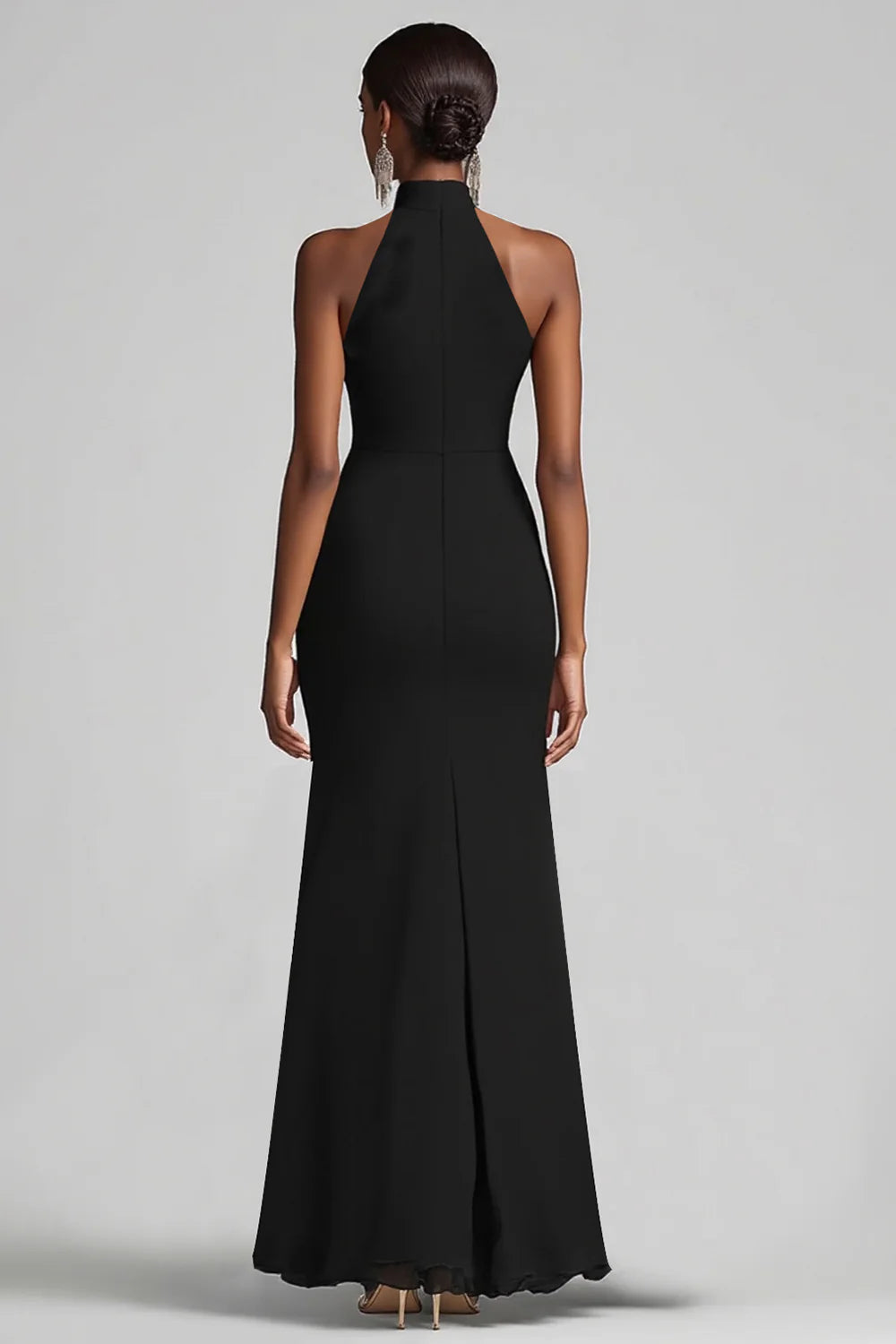 Halter Neck Black Ruffled Mermaid Long Formal Dress with Slit