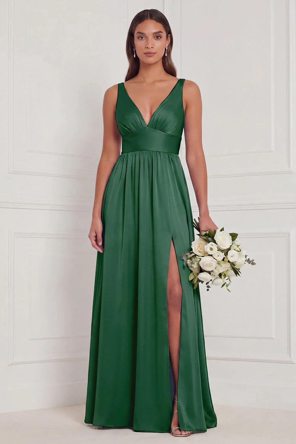 Dusty Blue A Line V Neck Bridesmaid Dress with Slit