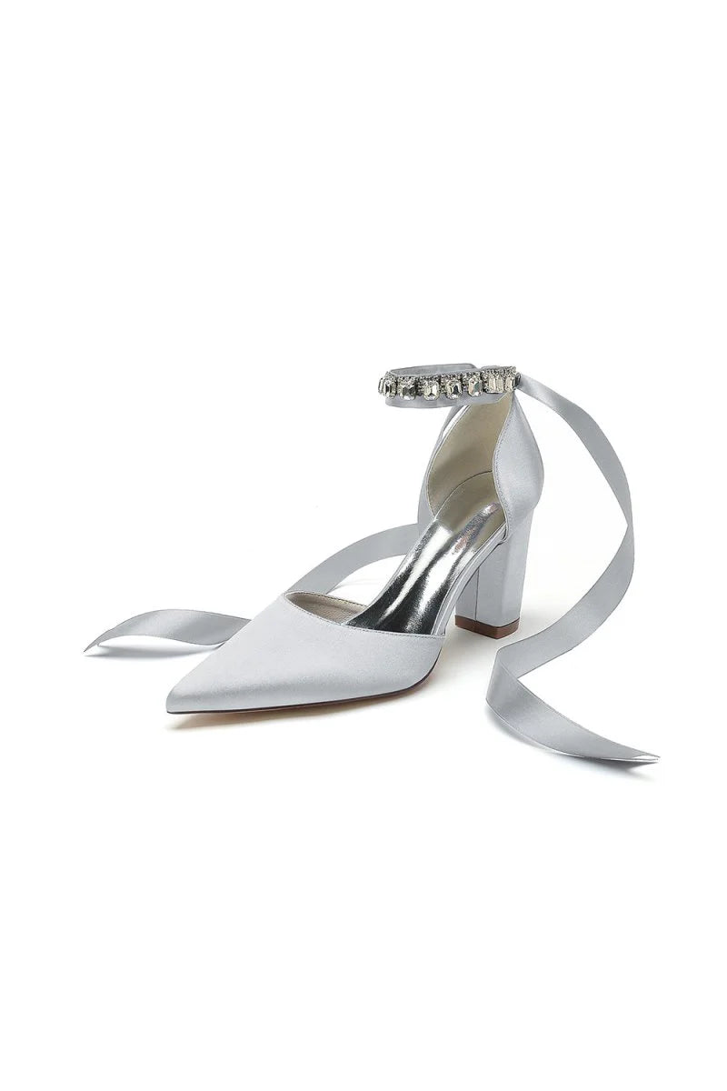 Rhinestone Ribbon Pointed Toe Ankle Strap Chunky Heel