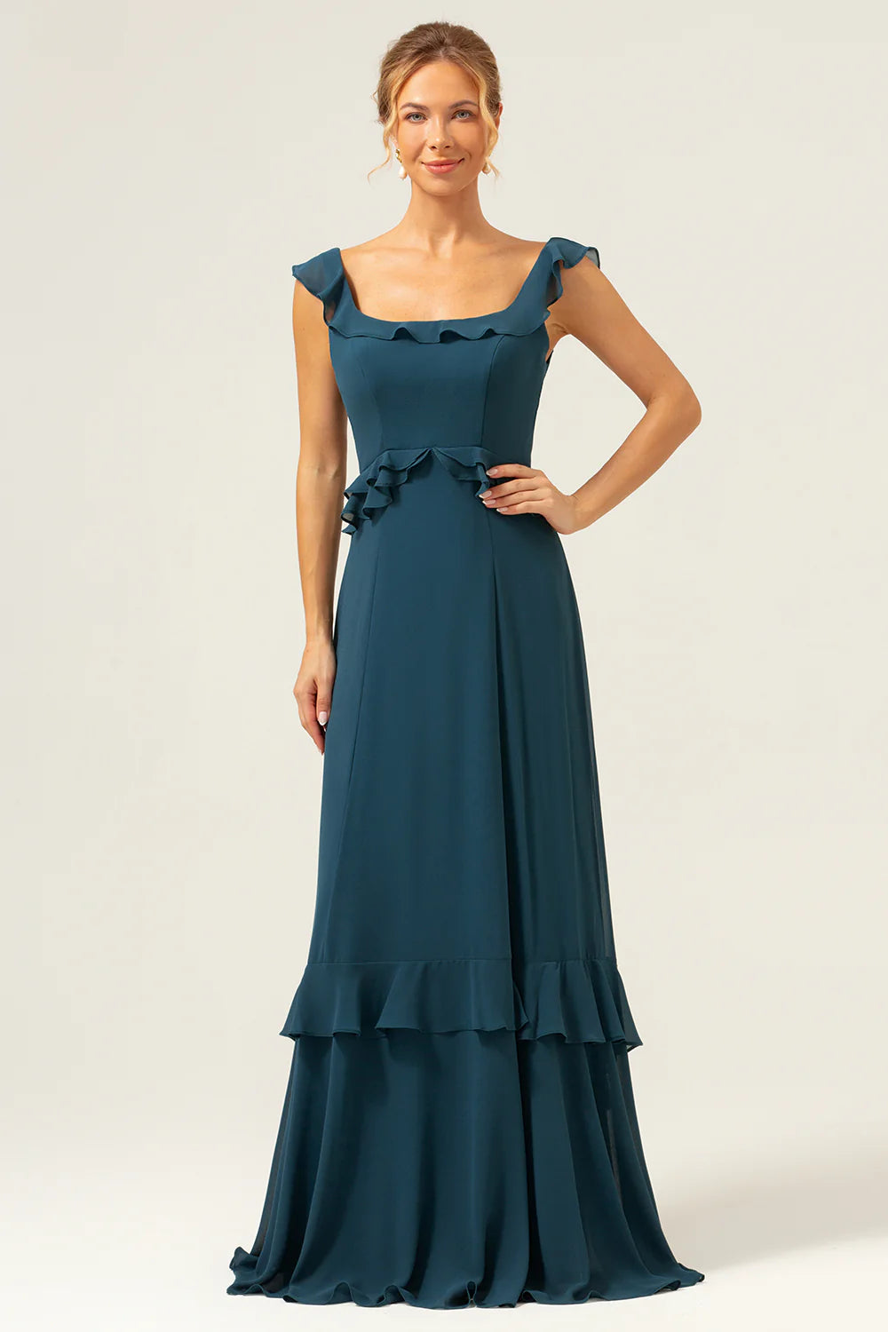 Dark Peacock Green A Line Square Neck Tiered Chiffon Long Bridesmaid Dress