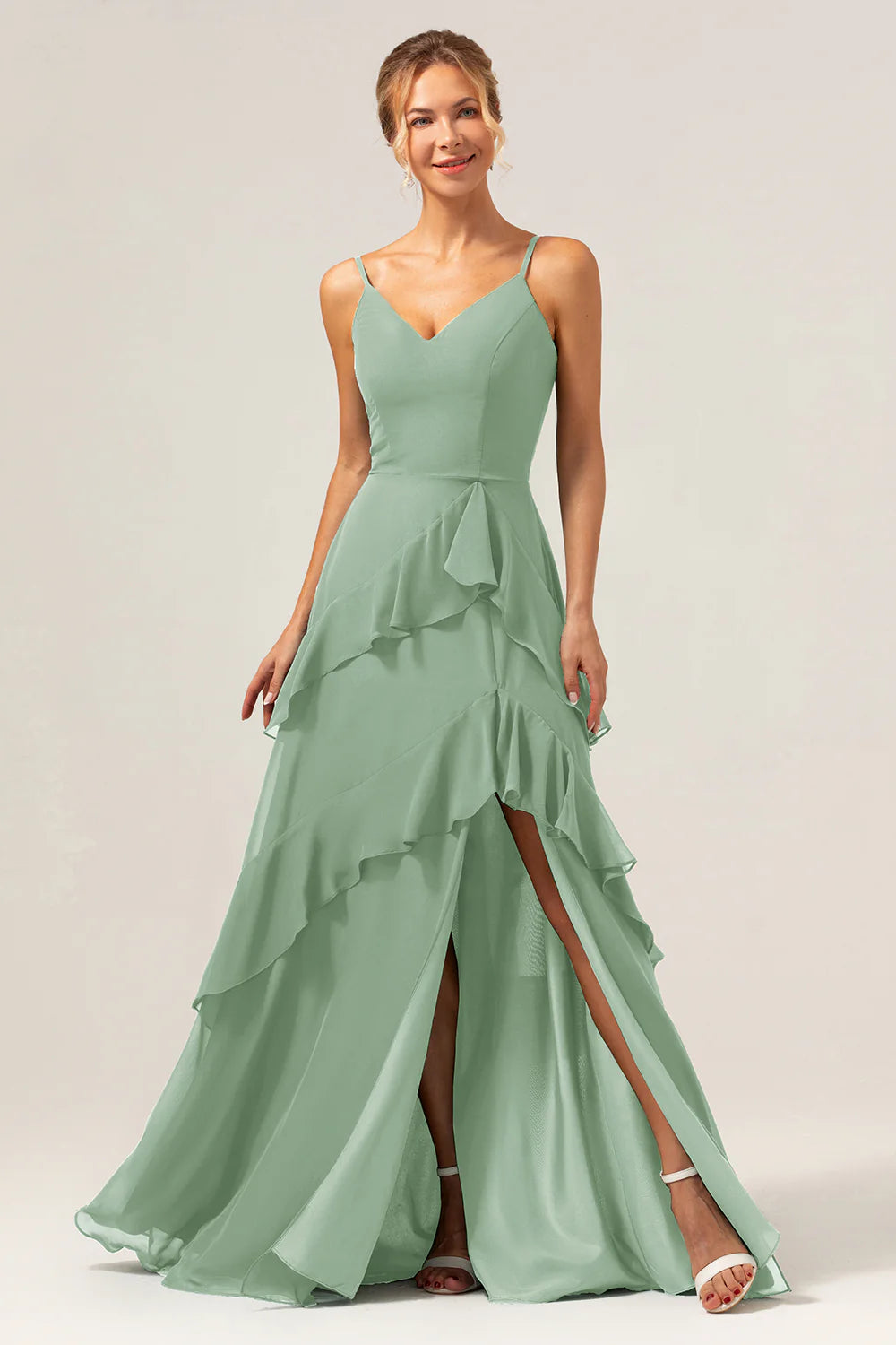 Dark Green A Line Spaghetti Straps Ruffled Chiffon Floor Length Bridesmaid Dress with Slit