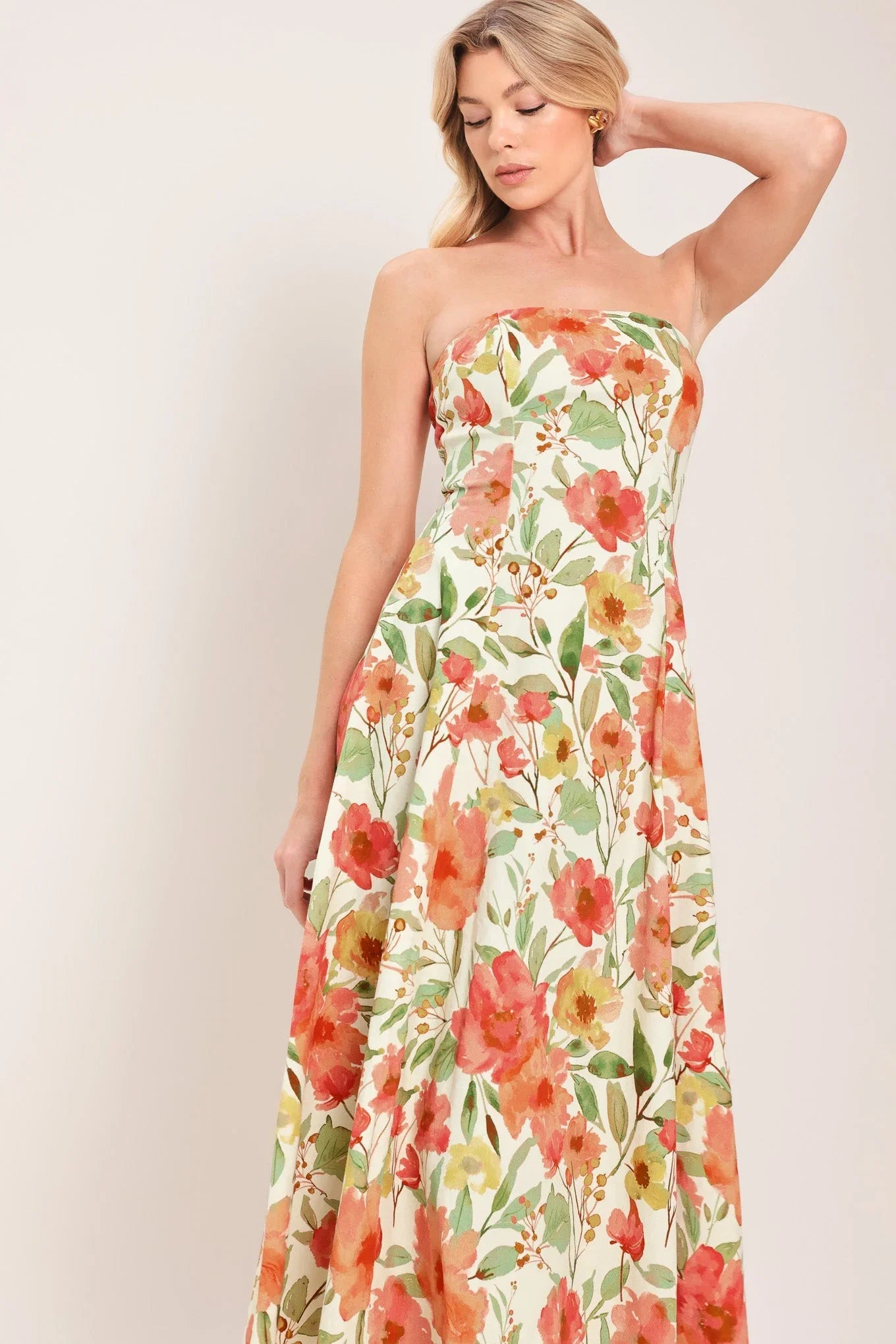 FLORAL DAYDREAM STRAPLESS MIDI DRESS