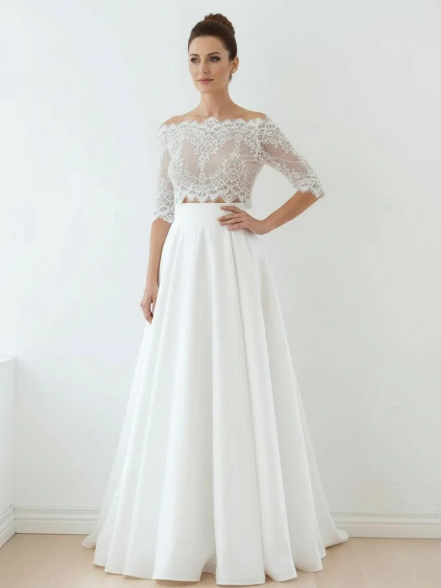Off The Shoulder Lace A Line Satin Two Piece Wedding Dress With Sweep Train