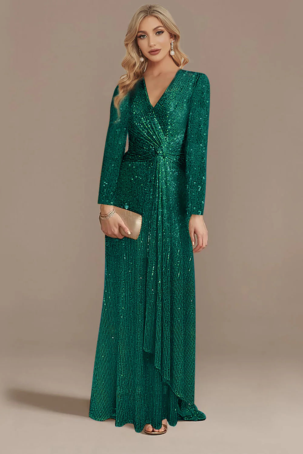 Sparkly Navy A Line V Neck Mother Of Bride Dress with Long Sleeves