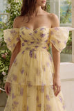Off the Shoulder Yellow Floral Tiered Ruched Wedding Guest Dress