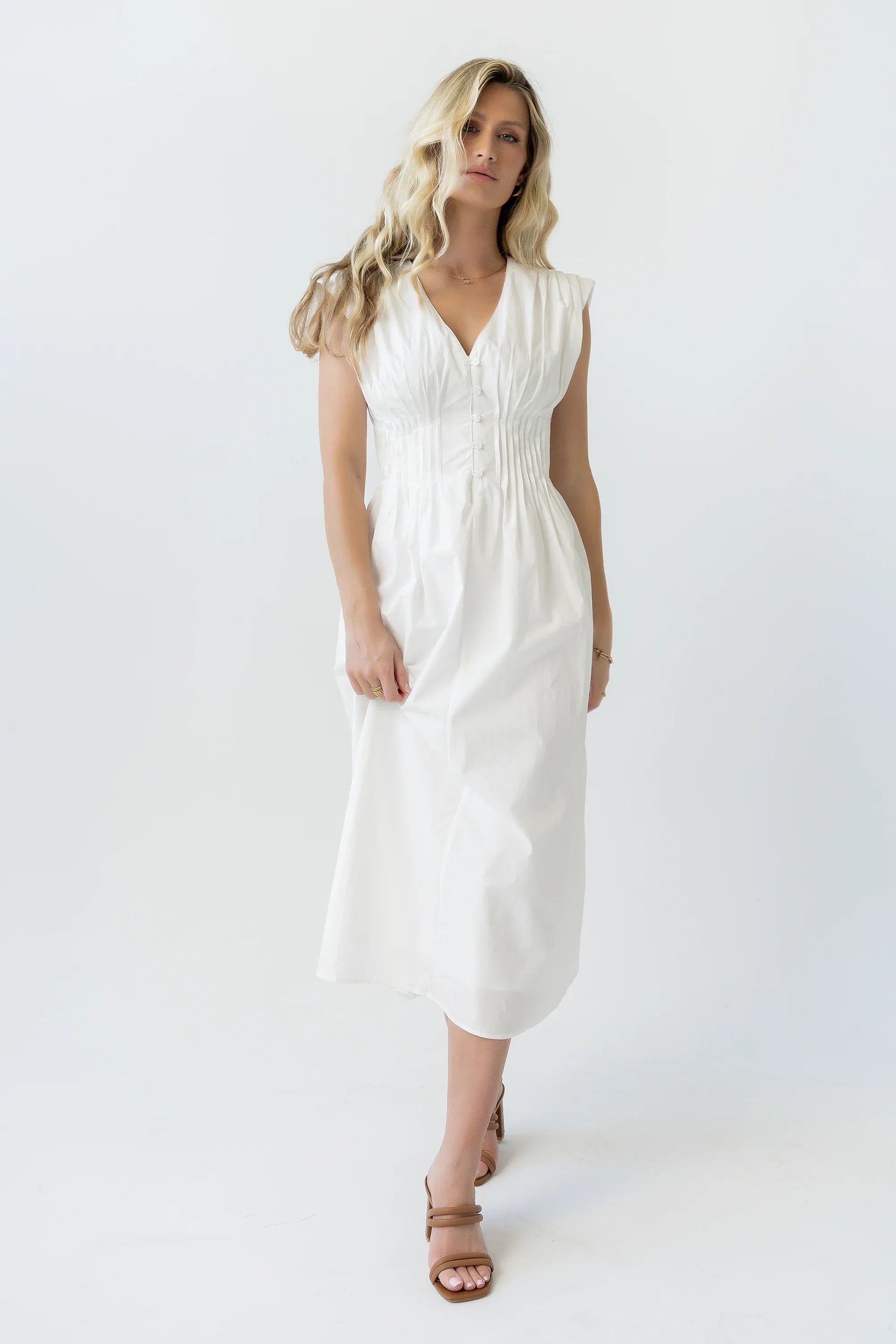 Barb Pleated Midi Dress in White