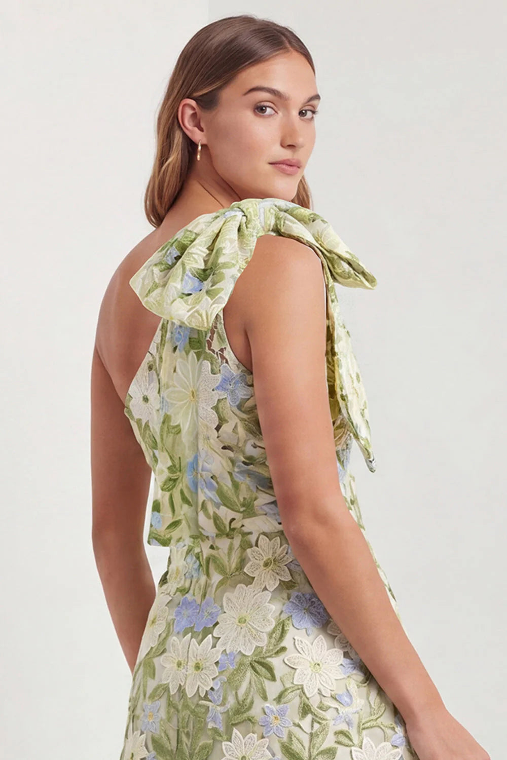 One Shoulder Sage Floral Wedding Guest Dress with Bow