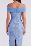 Blue Off the Shoulder Mermaid Floral Wedding Guest Dress