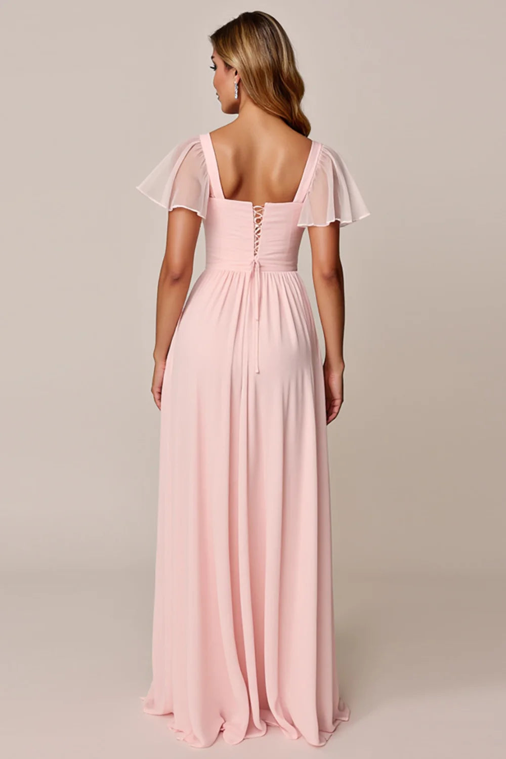 Candy Pink A Line Flutter Sleeves Long Bridesmaid Dress with Lace Up Back