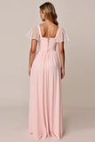 Candy Pink A Line Flutter Sleeves Long Bridesmaid Dress with Lace Up Back