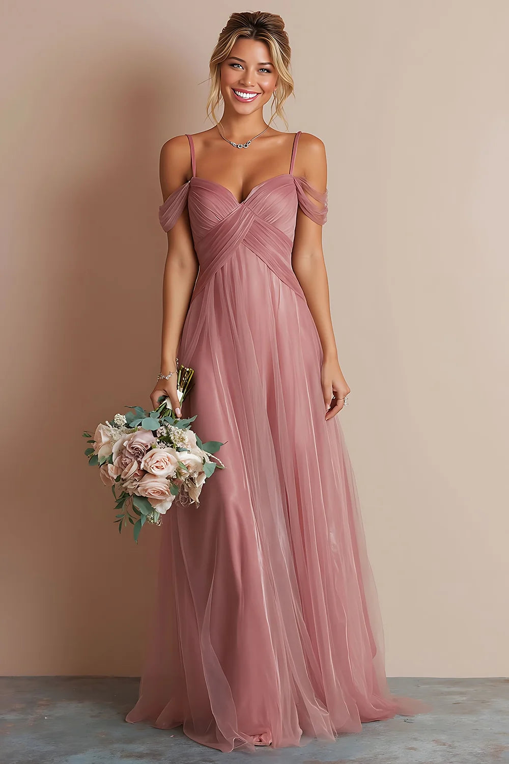 Dusty Rose Cold Shoulder A Line Chiffon Bridesmaid Dress