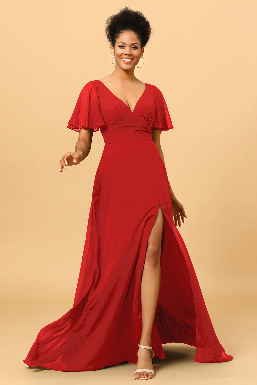 A Line V Neck Long Chiffon Bridesmaid Dress with Slit