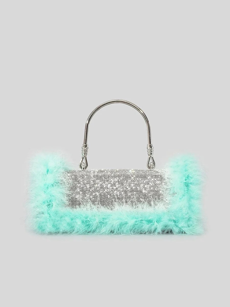Womens Furry Rhionestones Evening Clutch Bags