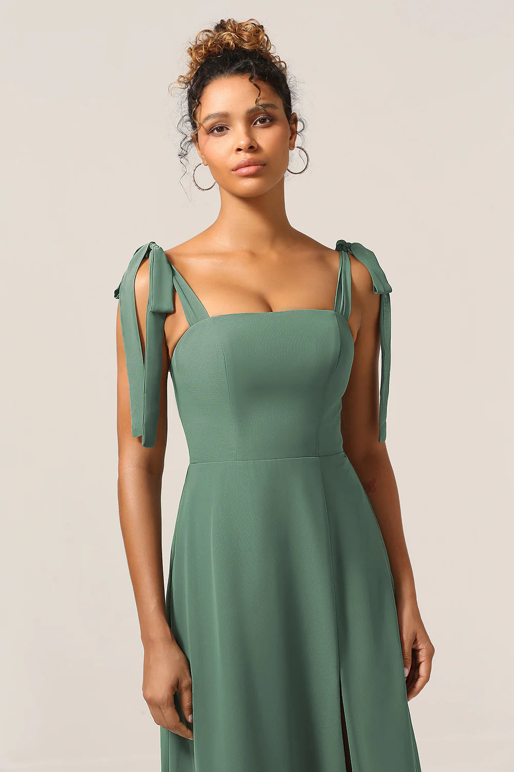 Eucalyptus A Line Spaghetti Straps Floor Length Bridesmaid Dress with Slit