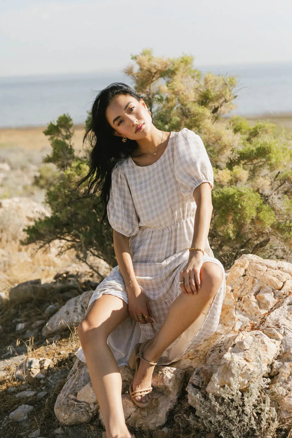 Melina Plaid Midi Dress in Taupe FINAL SALE