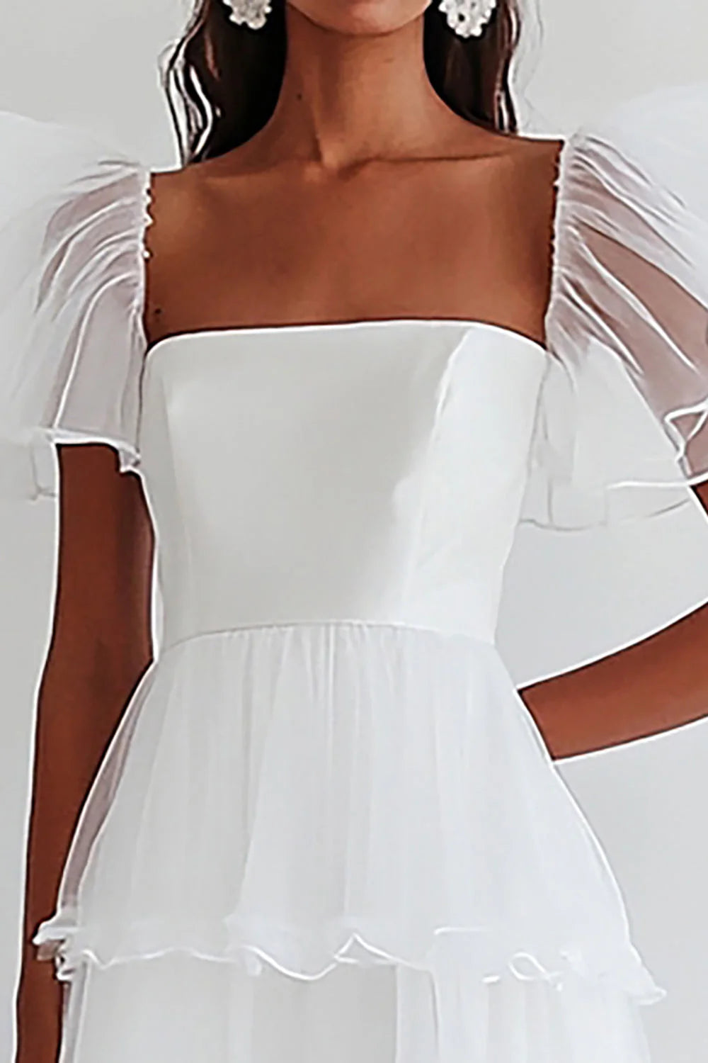 A Line Tiered Ruffle Long White Dress with Short Sleeves