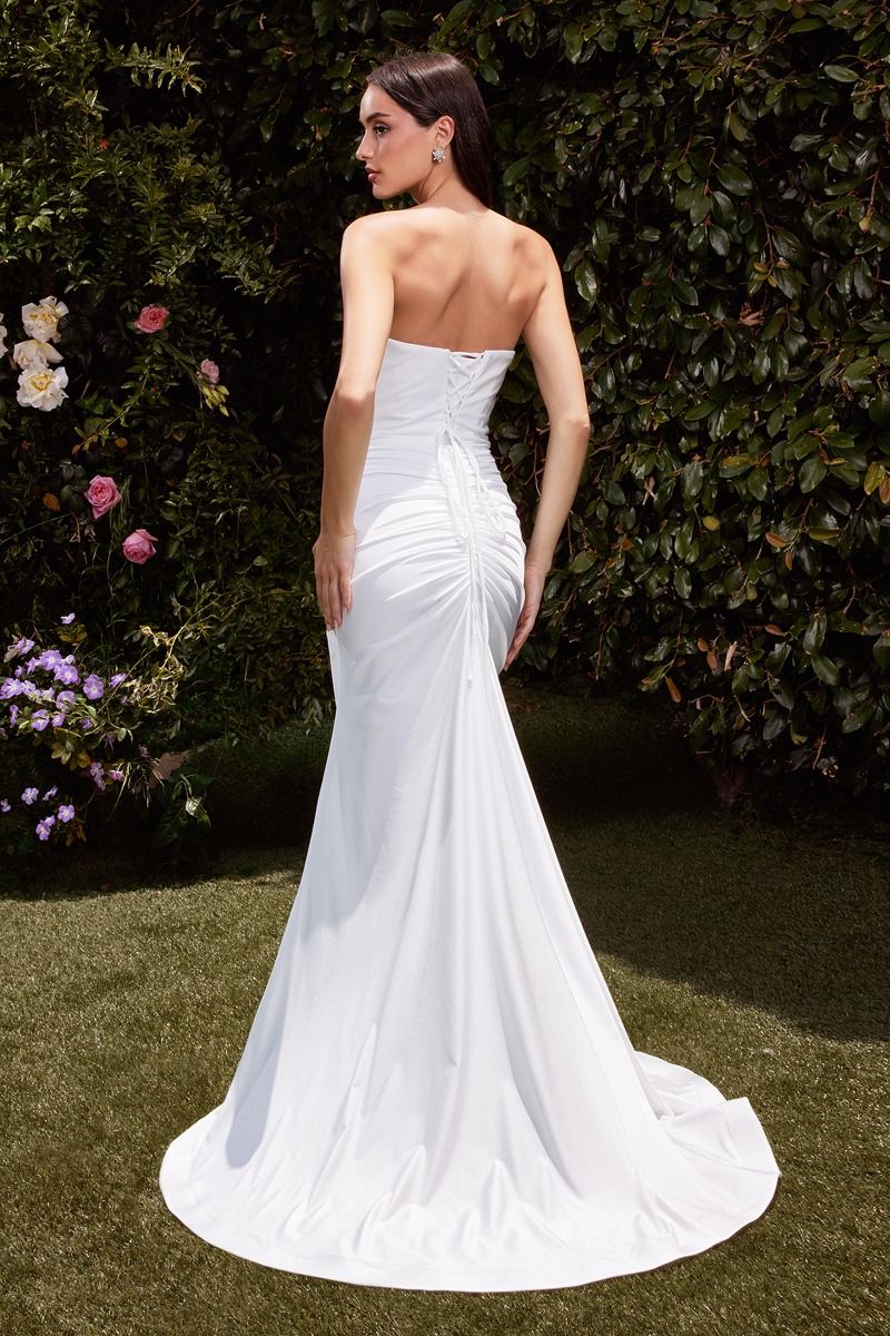 AVA POINTED V NECKLINE GOWN OFF WHITE STRAPLESS STRETCH SPANDEX SATIN FITTED DRESS