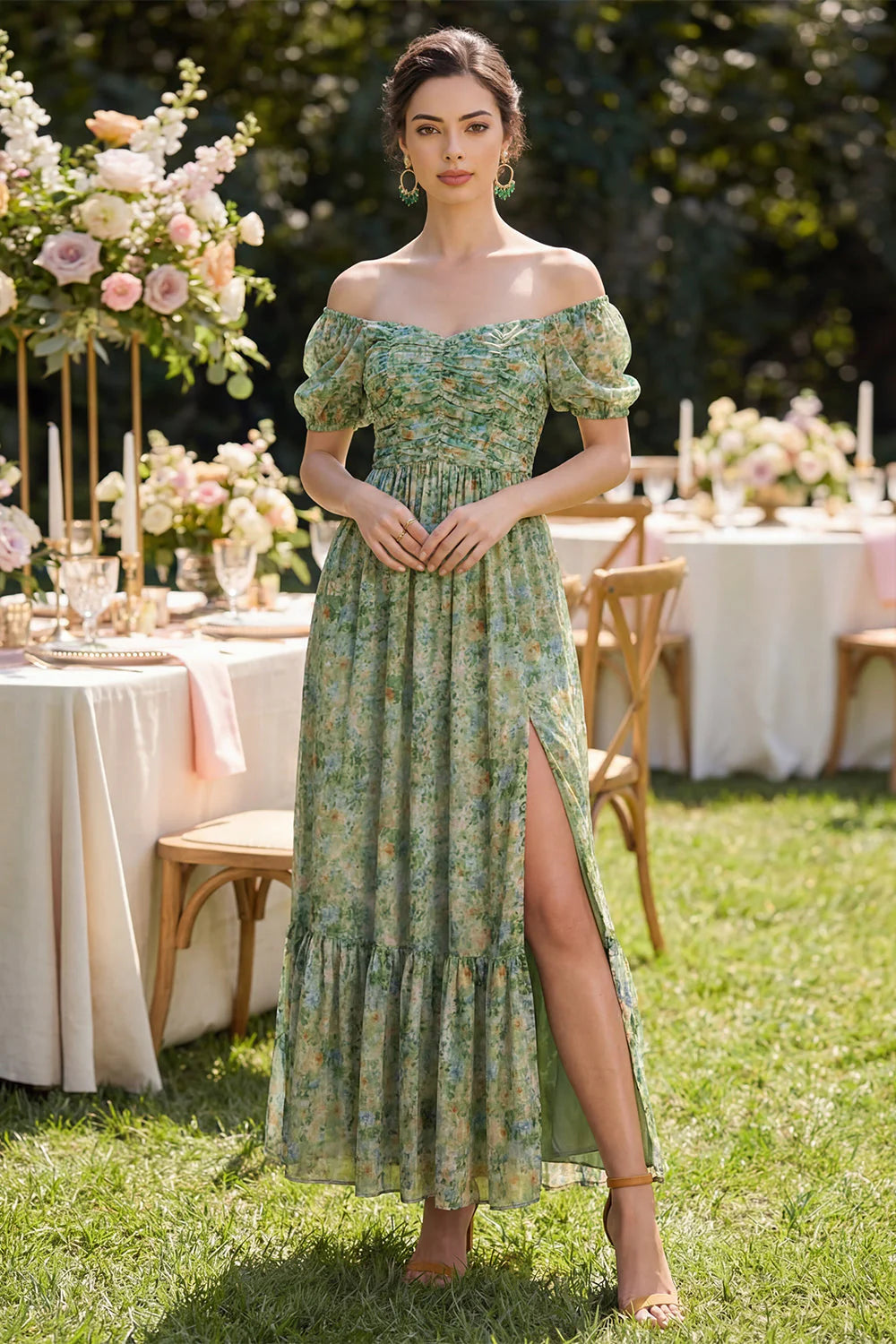Off the Shoulder Floral Dusty Green Wedding Guest Dress with Puff Sleeves