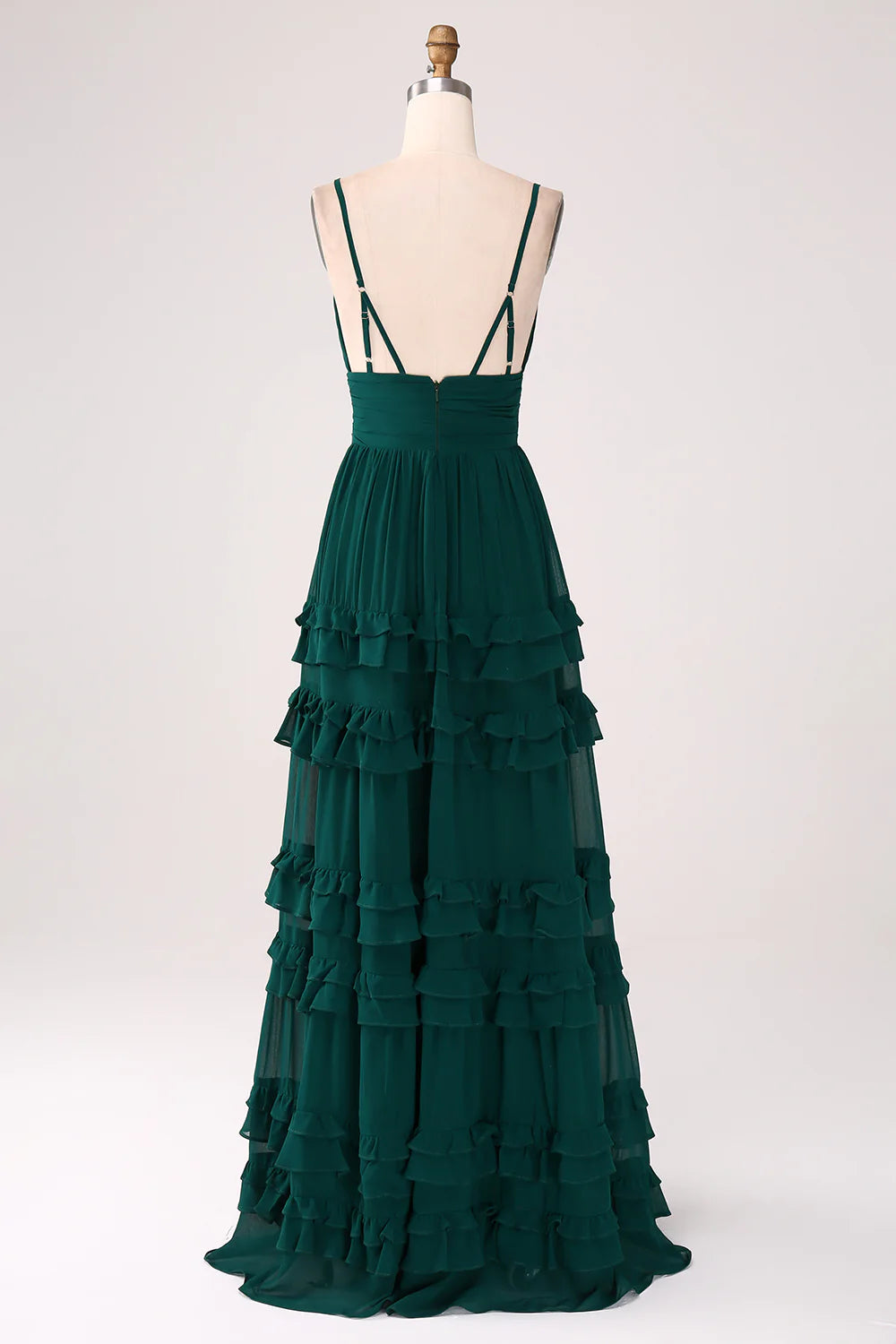 Dark Green A Line Spaghetti Straps Tiered Pleated Floor Length Bridesmaid Dress