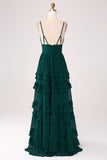 Dark Green A Line Spaghetti Straps Tiered Pleated Floor Length Bridesmaid Dress