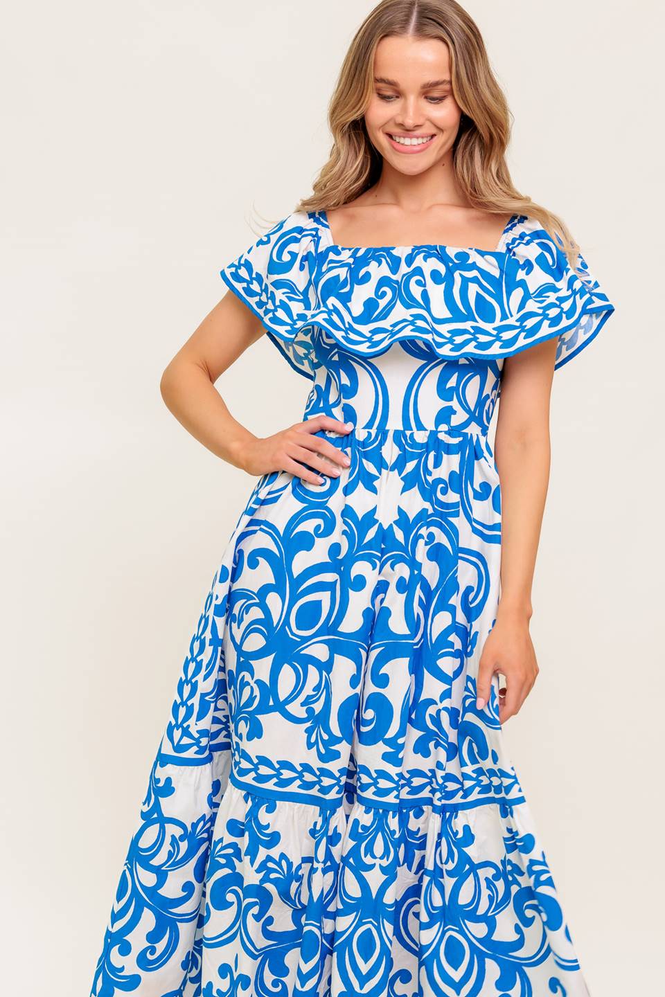 SERENADE MIDI DRESS PRINTED OFF SHOULDER COTTON DRESS