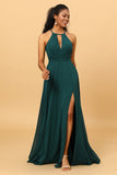 Pine A Line Halter Sleeveless Long Chiffon Bridesmaid Dress With Slit