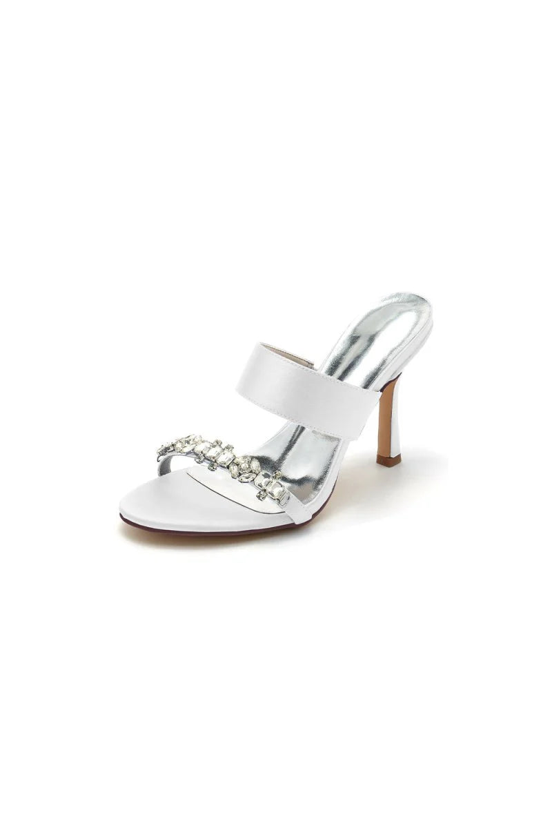 Open Toe Satin Strap Slip On High Heels With Rhinestone