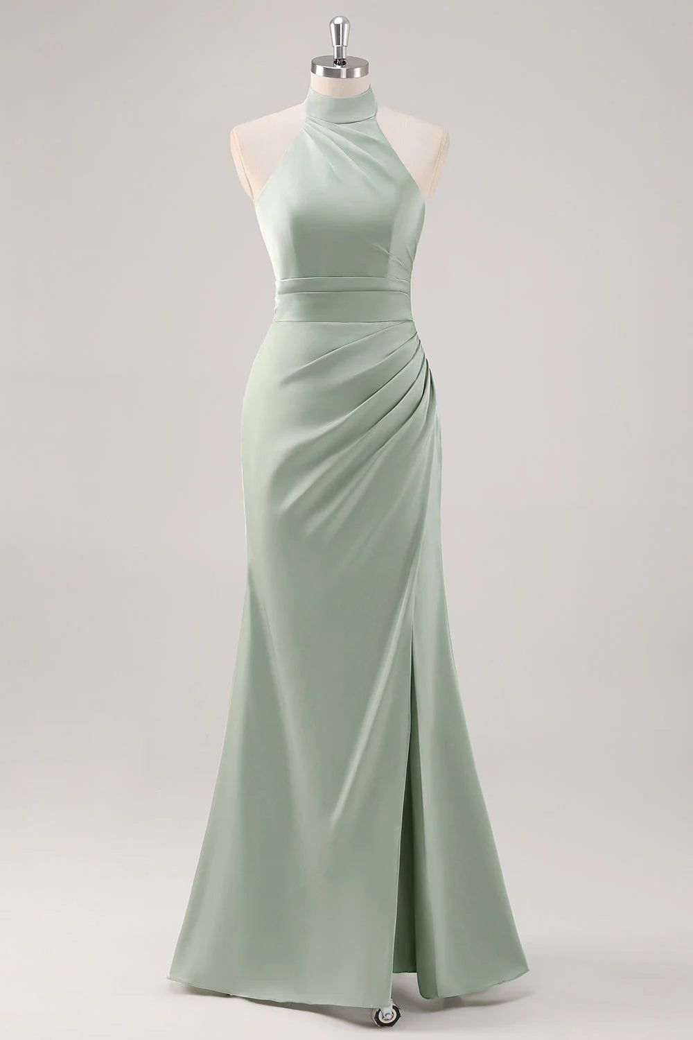 Sage Green Sheath Halter Ruched Satin Long Bridesmaid Dress with Slit