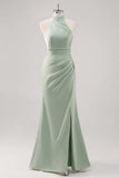 Sage Green Sheath Halter Ruched Satin Long Bridesmaid Dress with Slit