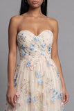 Strapless A Line Floral Ruffled Champagne Wedding Guest Dress