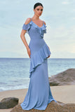 Grey Blue Cold Shoulder A Line Chiffon Long Bridesmaid Dress with Ruffles