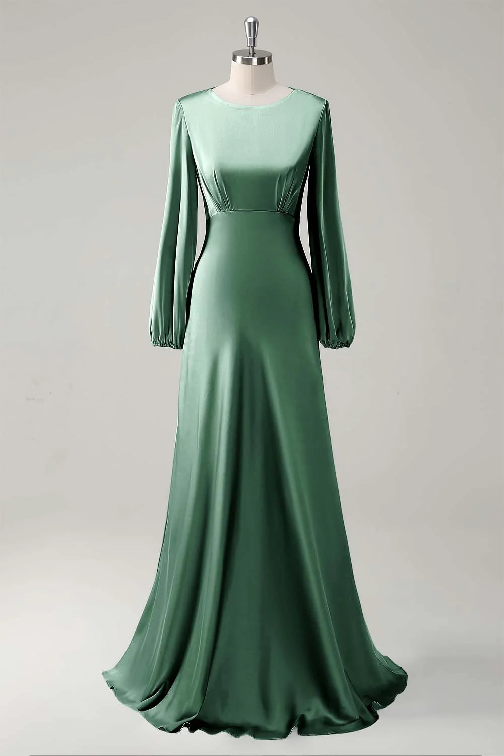 Agave A Line Round Neck Satin Long Bridesmaid Dress with Long Sleeves