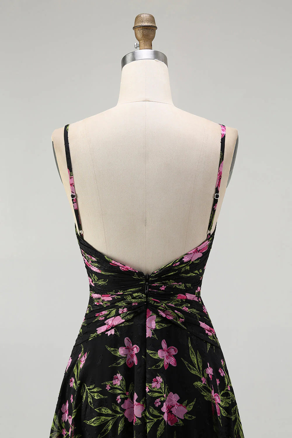 Black Pink Floral A Line Spaghetti Straps Backless Chiffon Long Bridesmaid Dress