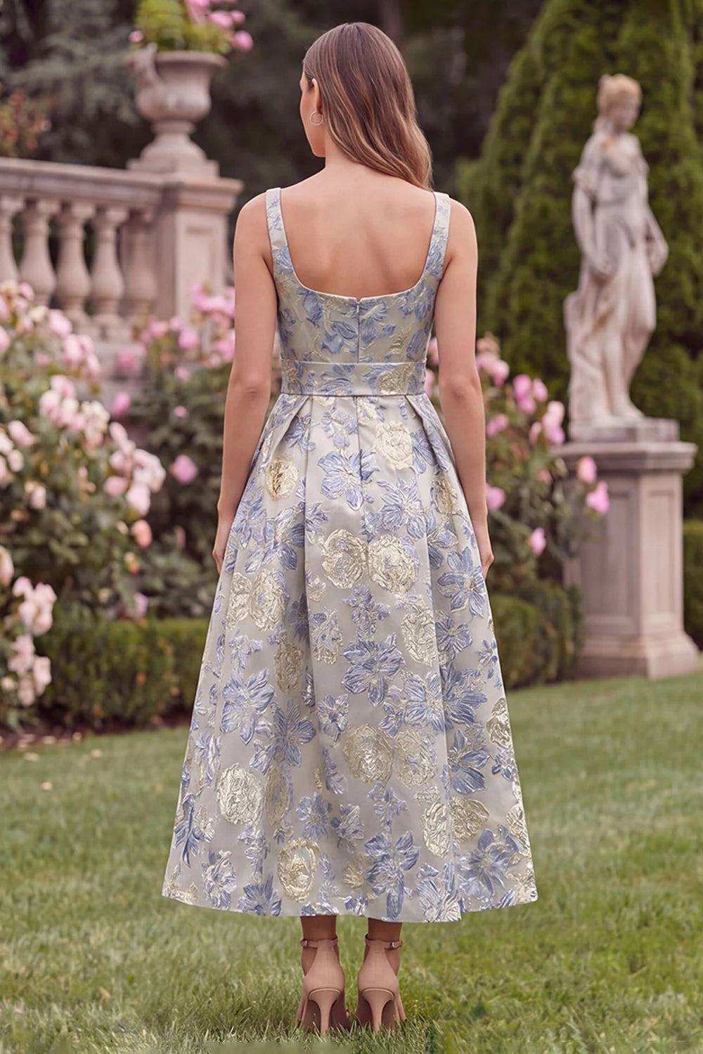 Light Blue A Line Floral Bow Jacquard Square Neck Wedding Guest Dress with Pockets