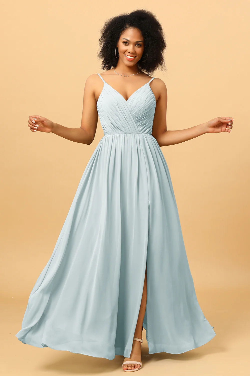 Ruched Long Floor Length Chiffon Bridesmaid Dress with Slit