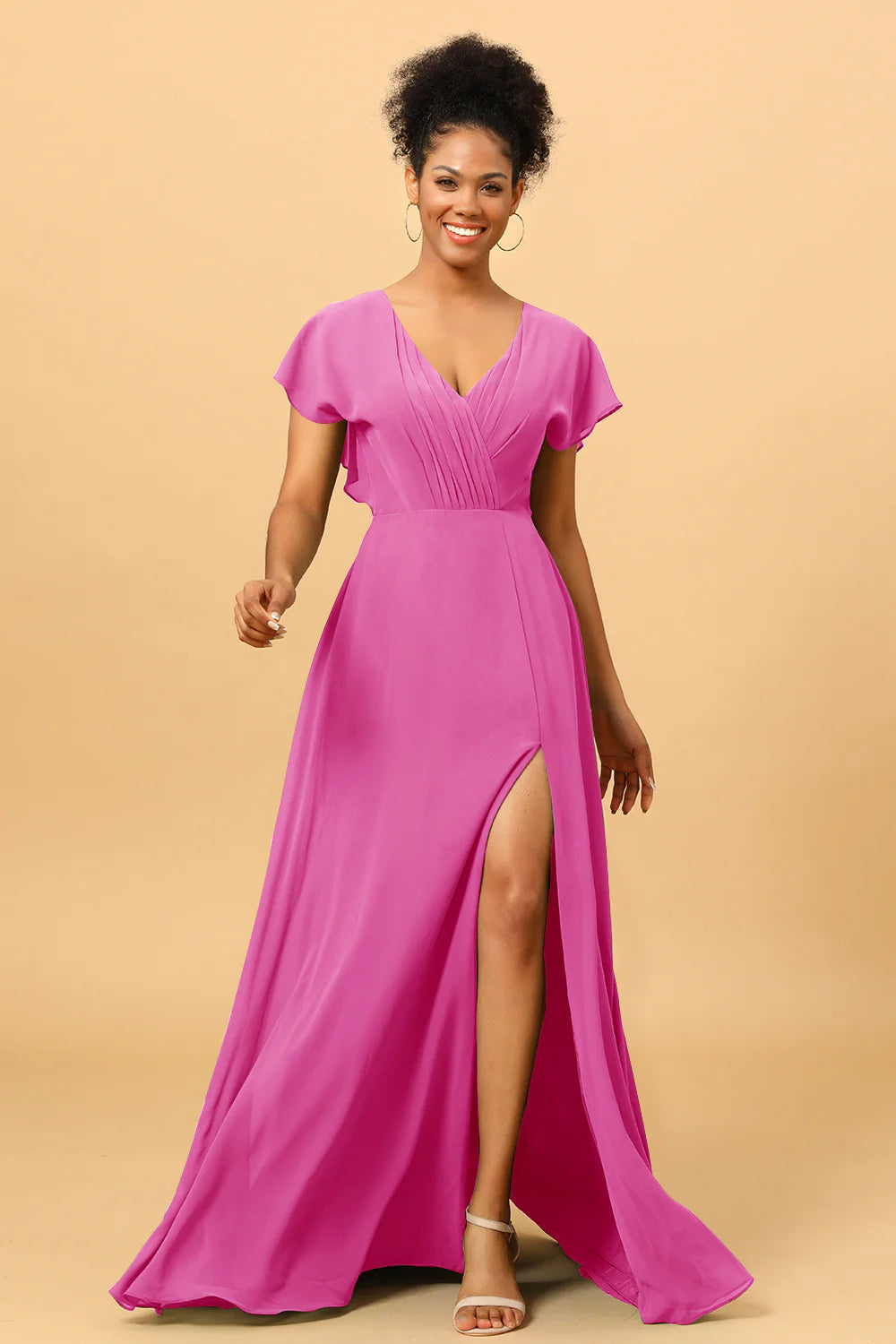 A Line V Neck Ruched Chiffon Bridesmaid Dress with Slit