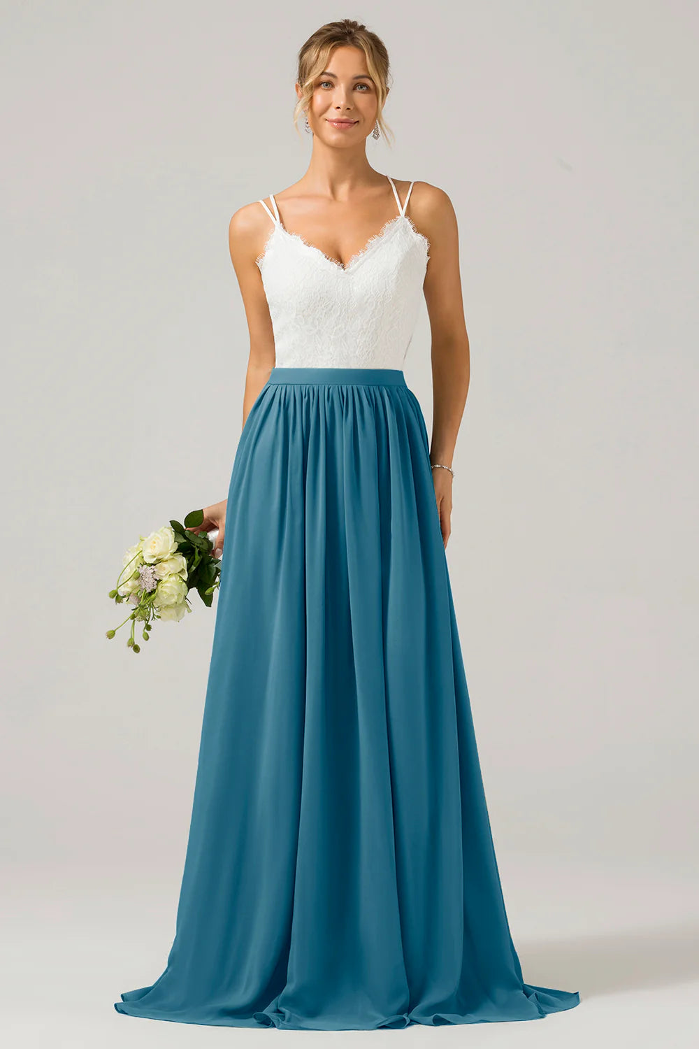A Line Spaghetti Straps Pleated Long Bridesmaid Dress With Lace