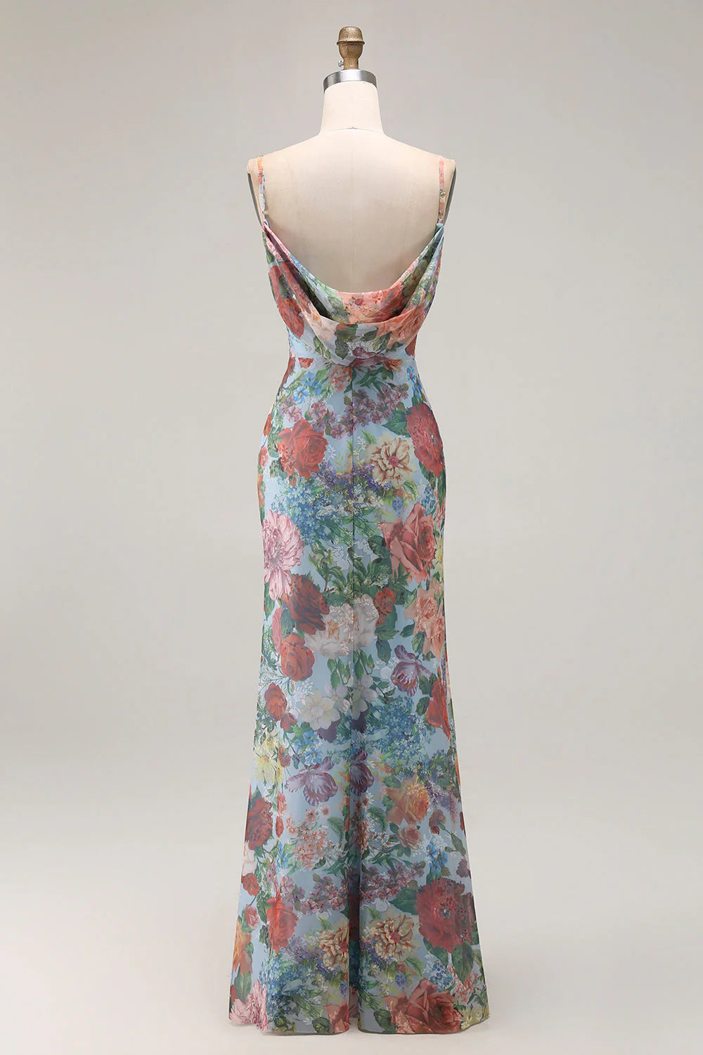 Multi Flower Sheath Spaghetti Straps Open Back Long Floral Dress with Slit