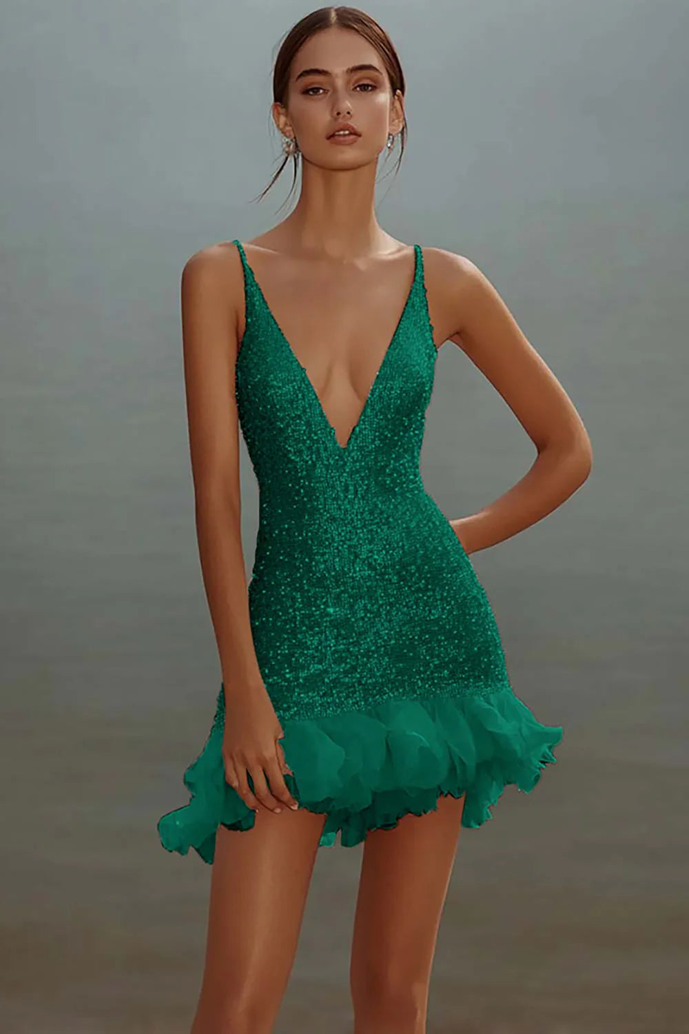 Sparkly White V Neck Sequins Mini Graduation Dress With Ruffles