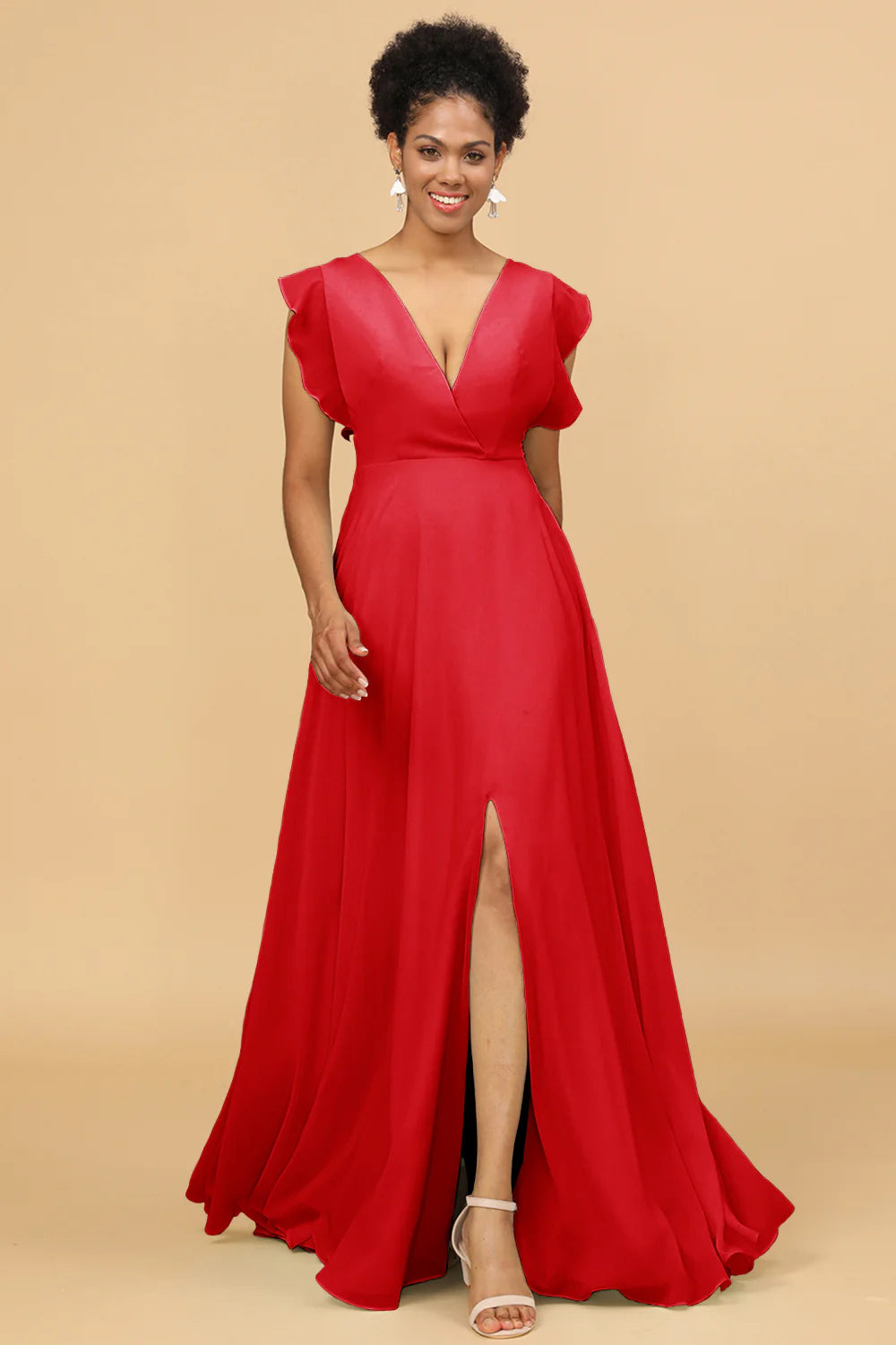 A Line V Neck Floor Length Chiffon Bridesmaid Dress with Slit