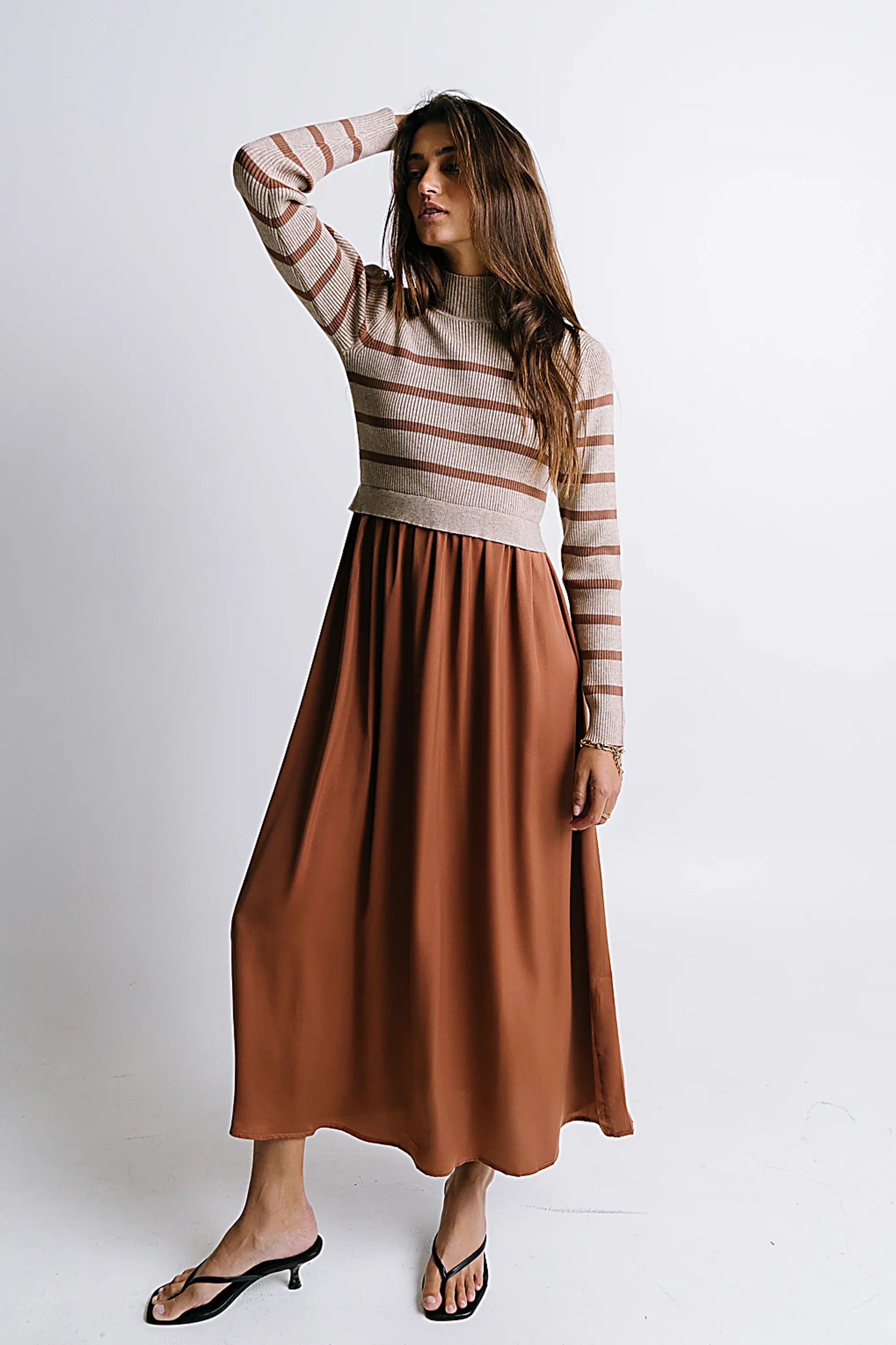Zeda Midi Dress in Brown Stripe FINAL SALE