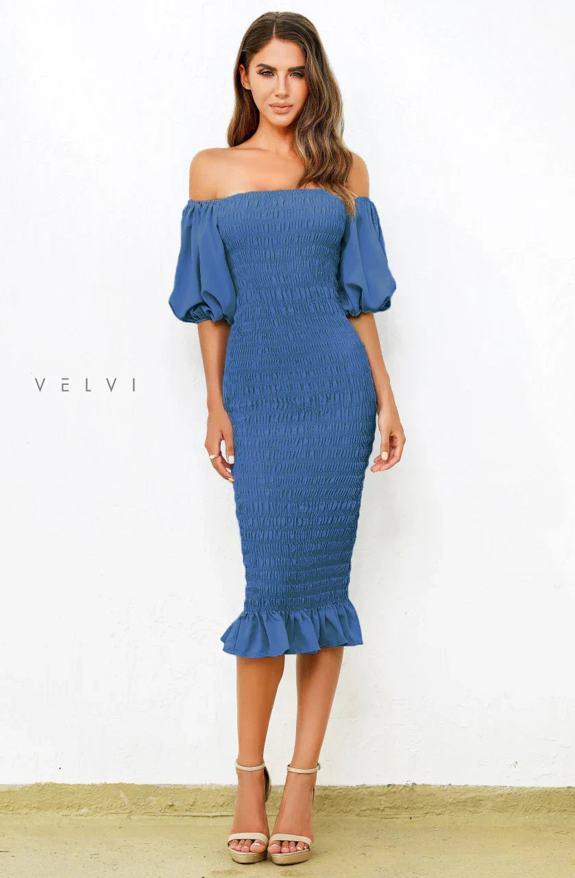 Skyla Shirred Midi Dress Navy