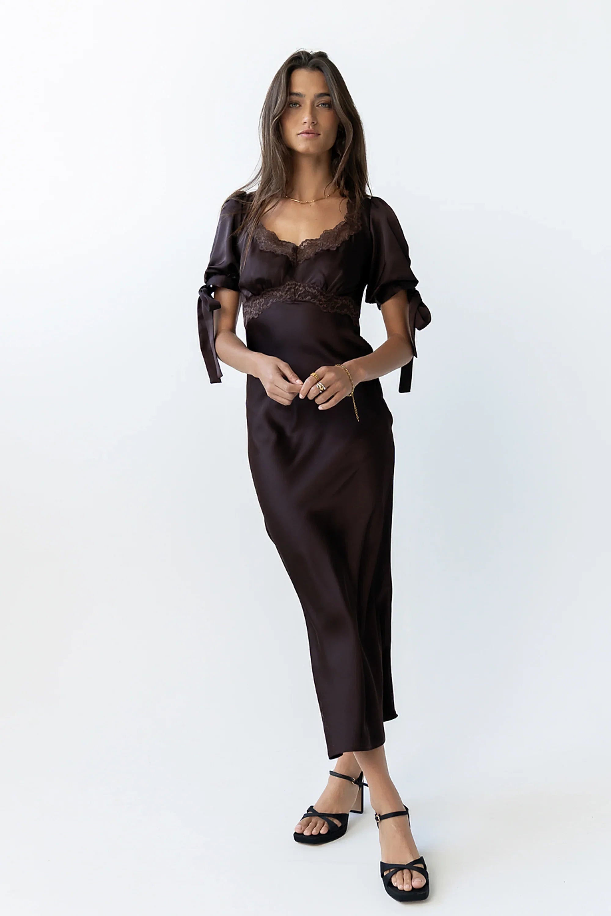 Amanda Lace Trim Maxi Dress in Brown