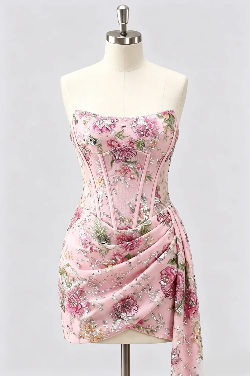 Strapless Pink Bodycon Corset Floral Sequin Homecoming Dress with Sash