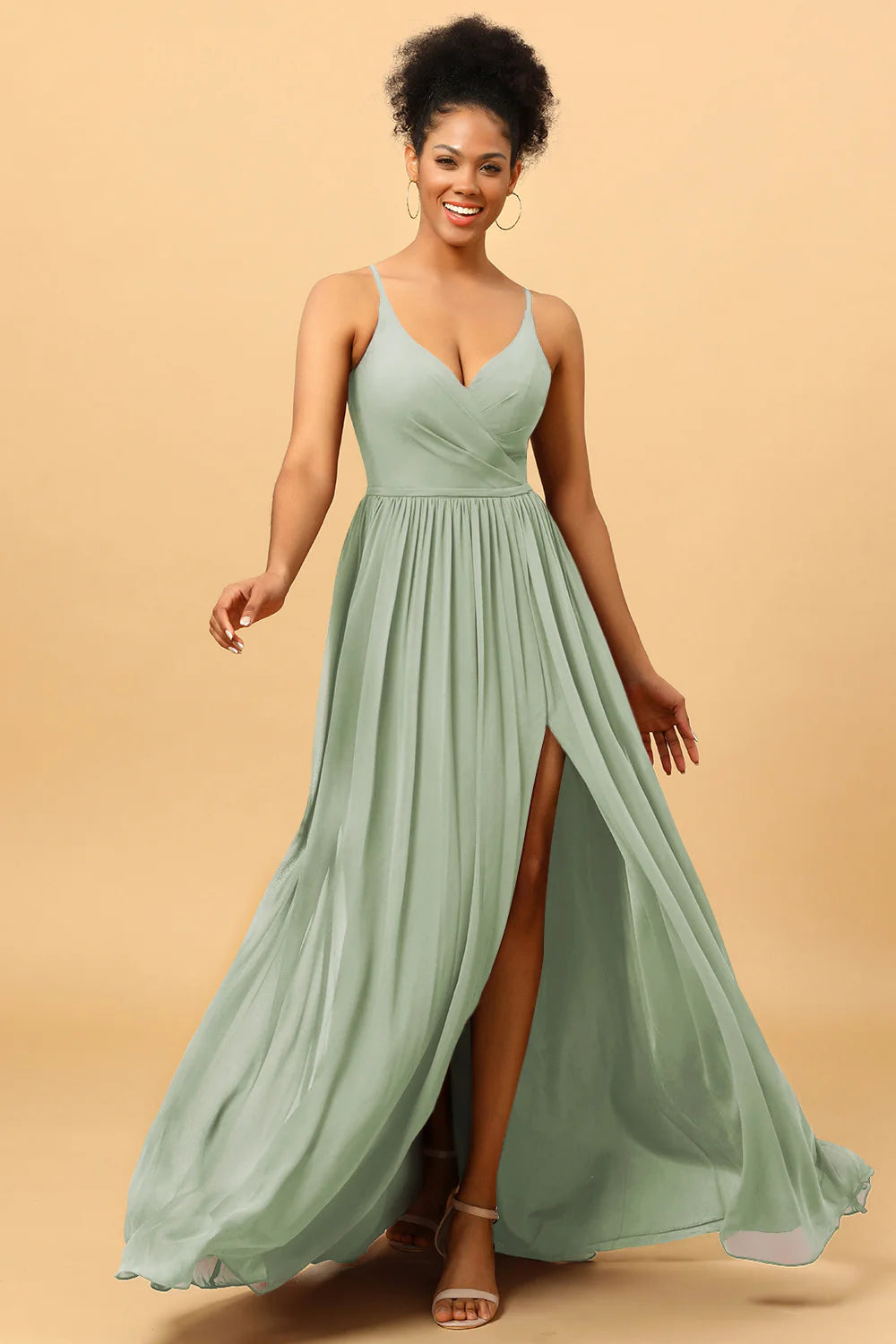 A Line Spaghetti Straps Ruched Long Chiffon Bridesmaid Dress with Slit