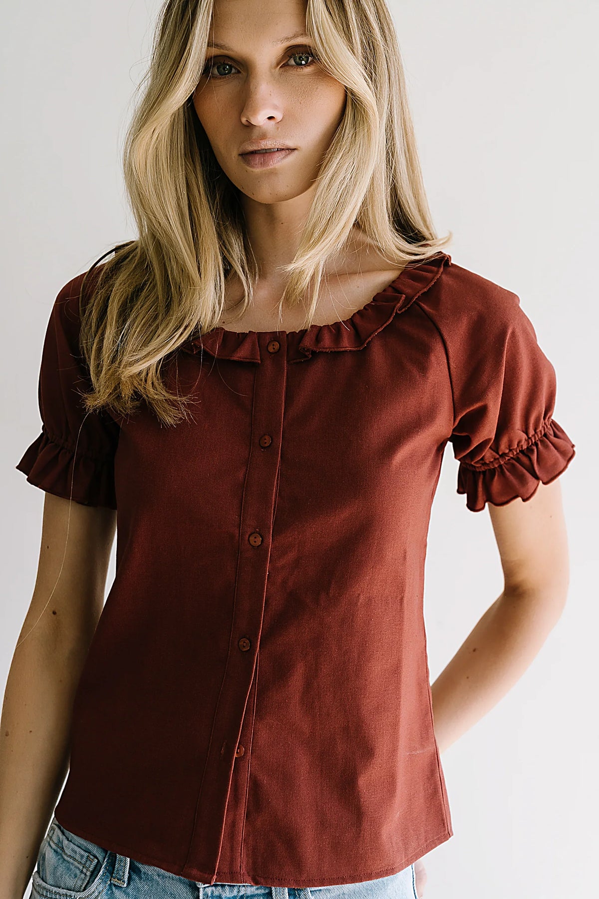 Connie Ruffle Blouse in Rust FINAL SALE