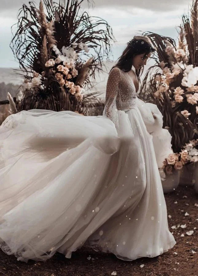 Two Piece Boho Dreamy A Line Tulle V Neck Wedding Dresses Full Sleeve