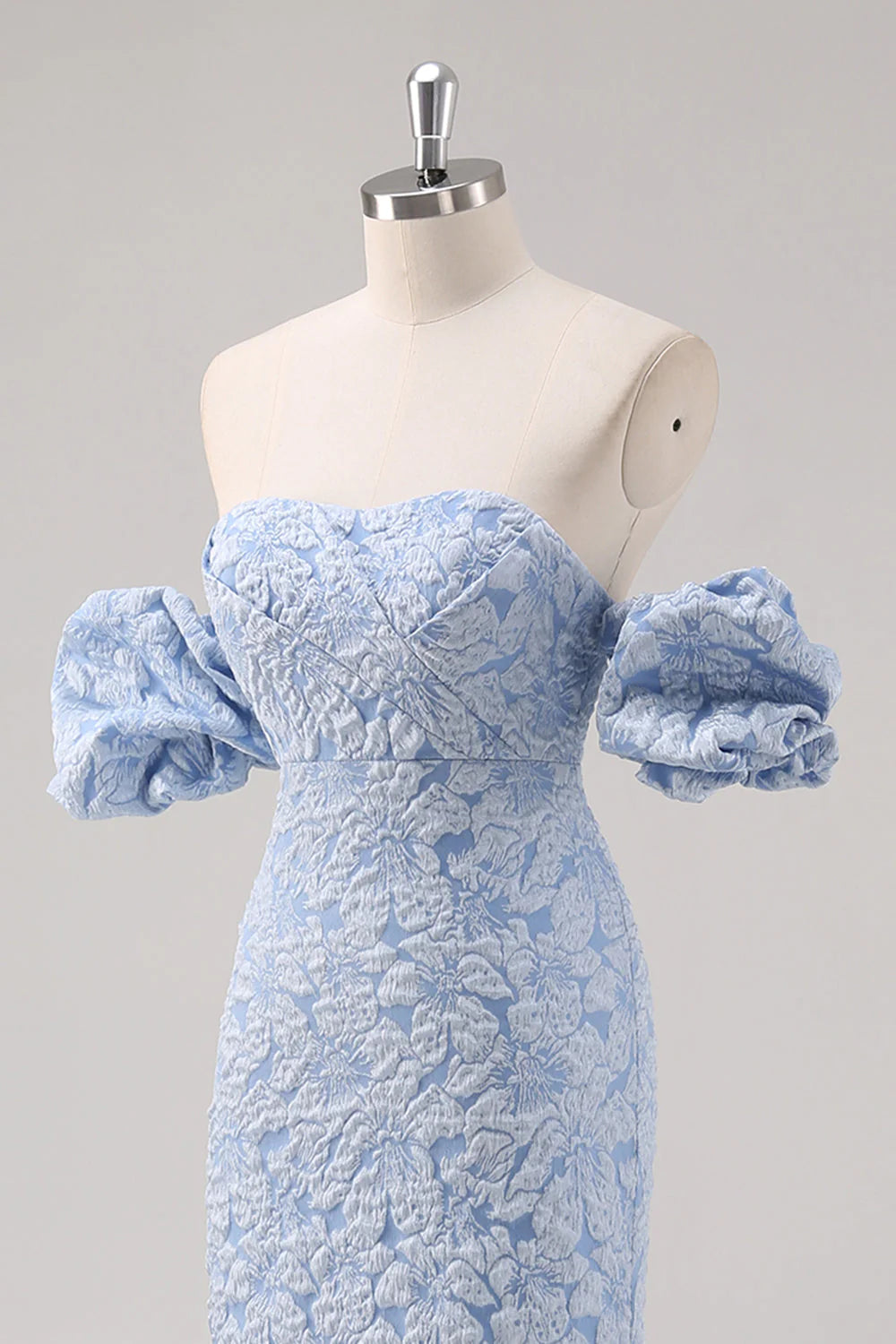 Simple Blue Floral Sheath Tea Length Brocade Formal Dress with Puff Sleeves