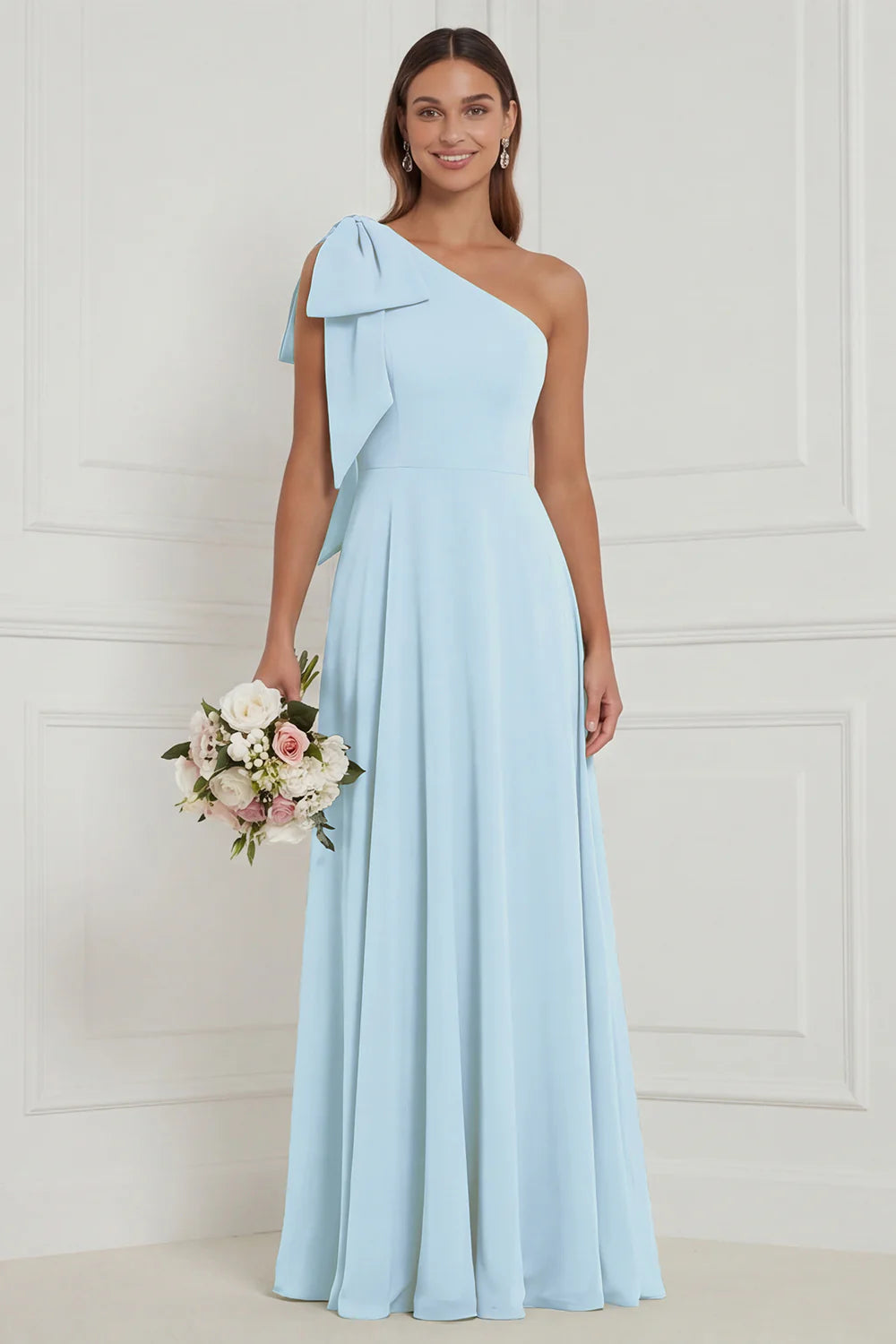 One Shoulder Bow A Line Sage Bridesmaid Dress with Lace up Back